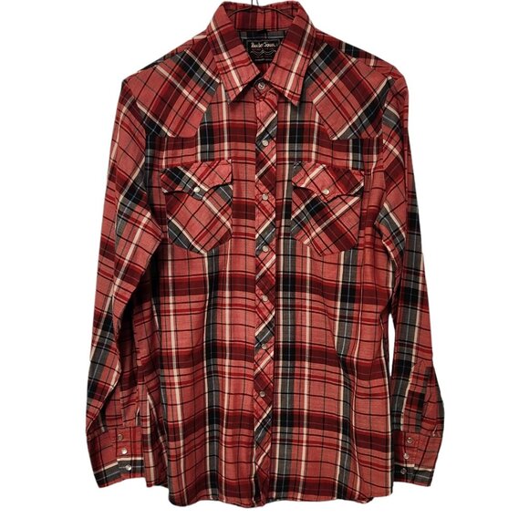 Border Town Pearl Snap Shirt Western Mens Medium Red Black Plaid Vintage - Picture 1 of 15